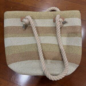 summer tote bag tan, ivory gold metallic stripe cord handle